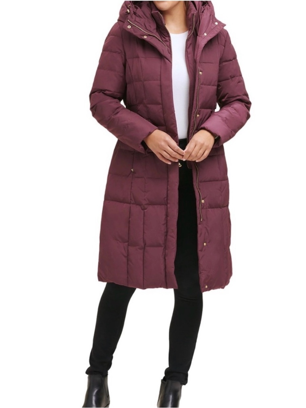 Cole Haan Women’s Box-Quilted Down Puffer Hooded Coat In Merlot Size S - Picture 2 of 8